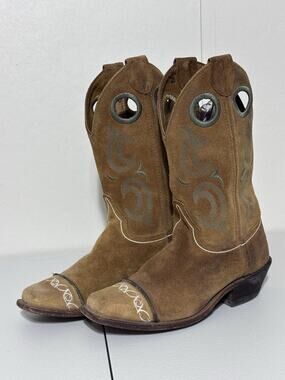 Justin Bent Rail Western Cowboy Boots SZ 6.5 Brown Suede Green Stitching Square